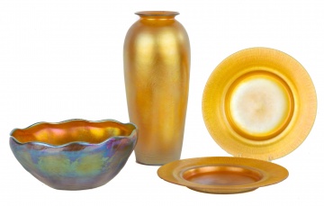 Tiffany Studios, New York Plates, Bowl and Art Glass Vase